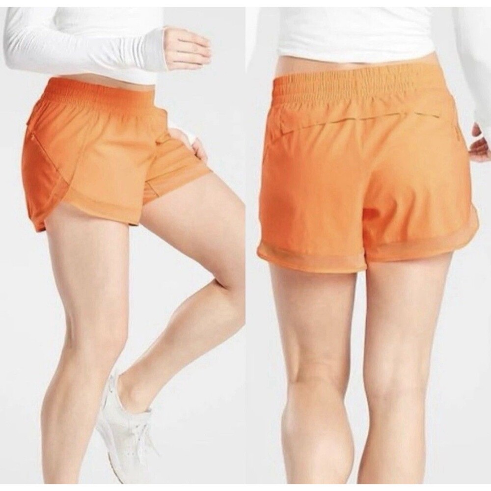 Athleta Mesh Racer Run Mid Rise 4” Shorts Pull On Running in Orange XS FLAWS - Picture 3 of 10
